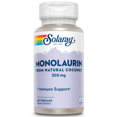 SOLARAY Monolaurin bottle shows coconut origin and 500 mg per serving for daily nutritive support.