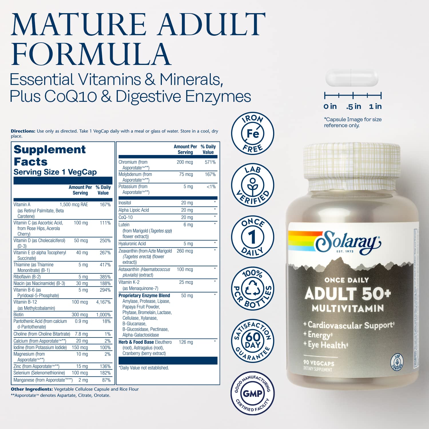 Solaray One Daily capsule close-up highlights chelated minerals for absorption.