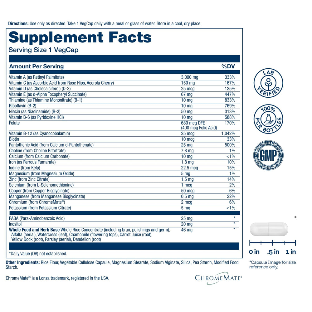 SOLARAY bottle back shows nutrient totals for balanced daily nutrition.