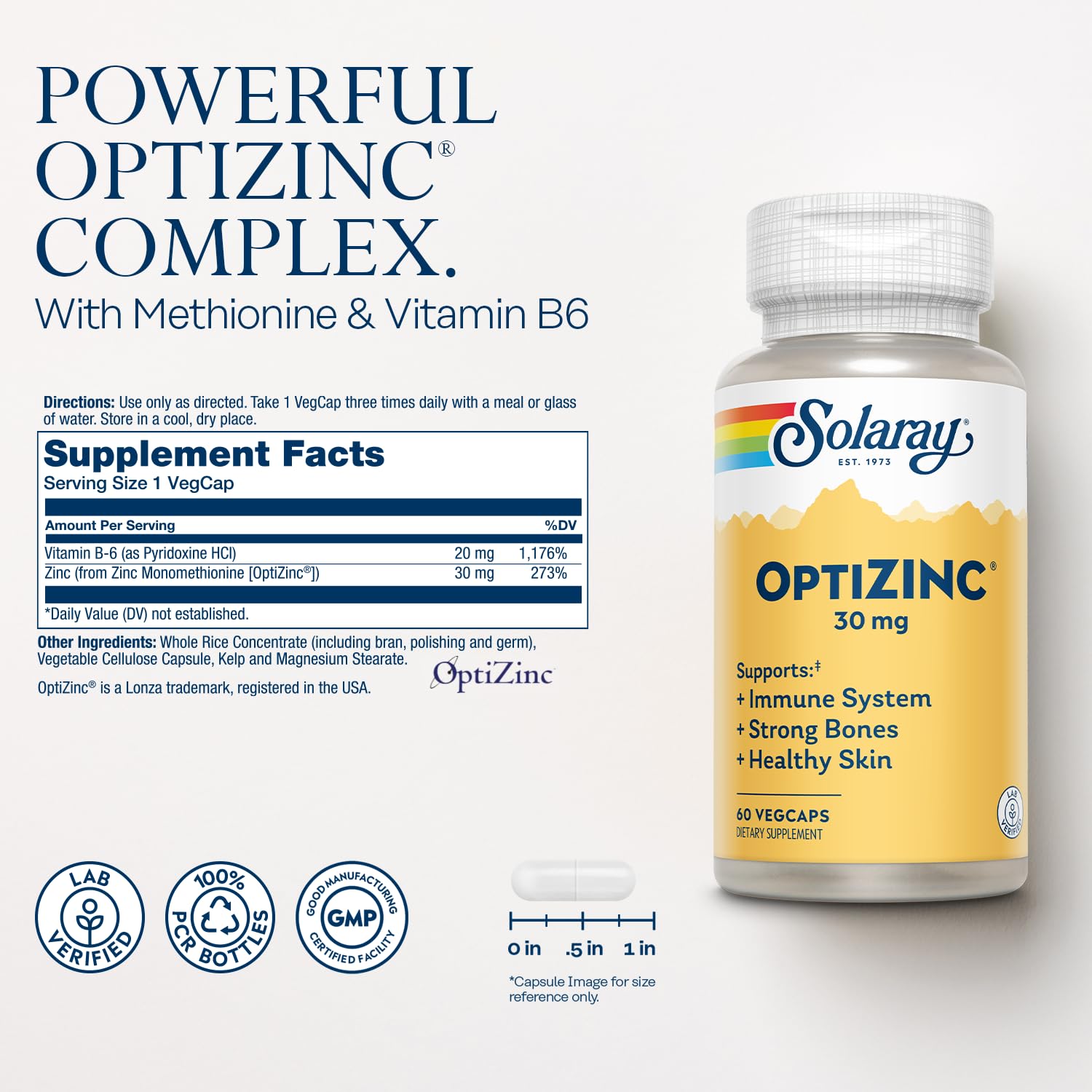 Solaray OptiZinc 30 mg capsules close-up with zinc monomethionine