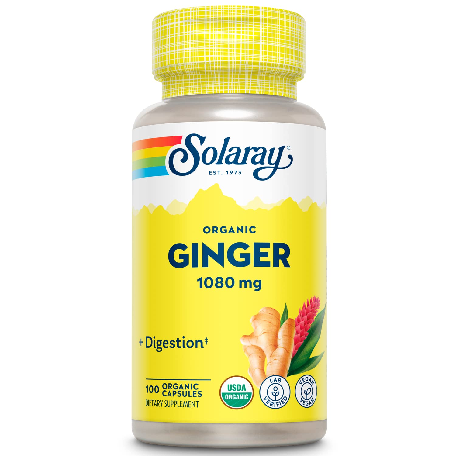 SOLARAY Organic Ginger 1080 mg capsules in a bottle, supporting digestive comfort