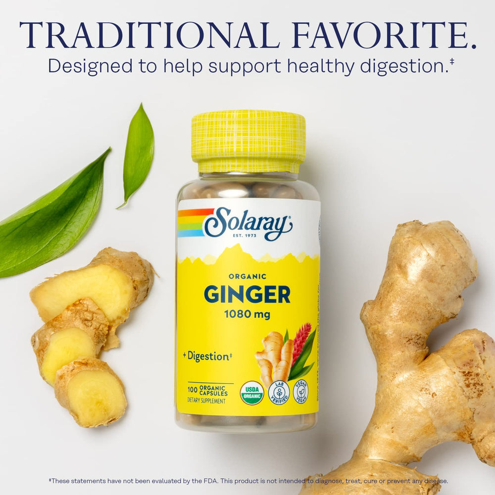 SOLARAY organic ginger label close-up highlighting vegan quality