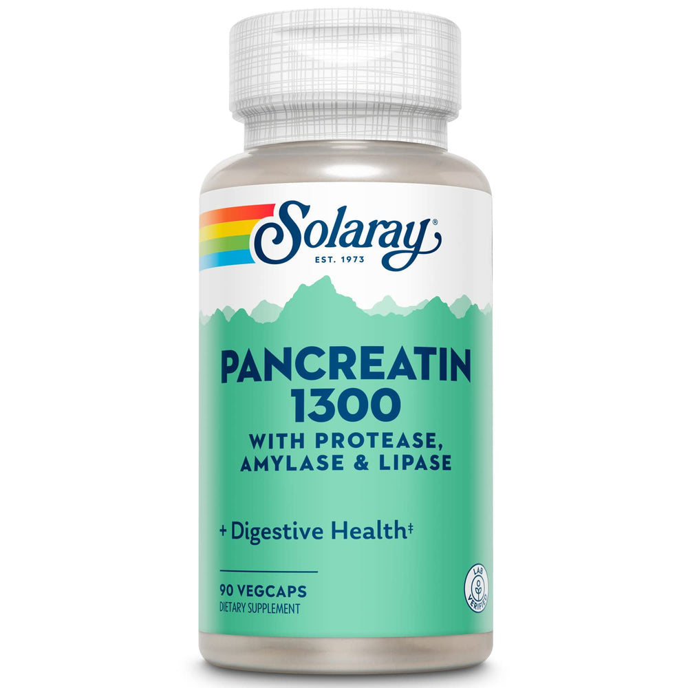 SOLARAY Pancreatin 1300 bottle shown, a convenient digestion support option for meals.