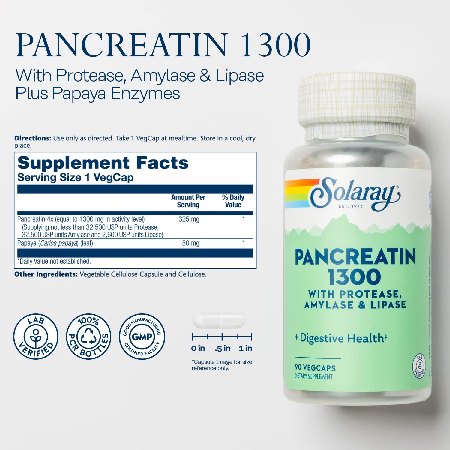 SOLARAY Pancreatin 1300 capsules ready to aid protein and fat digestion.