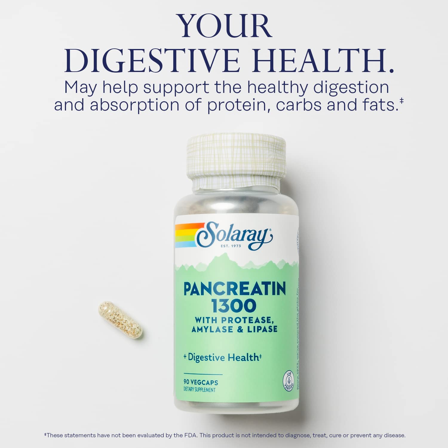 SOLARAY Pancreatin 1300 label displays ingredients and dosage information.