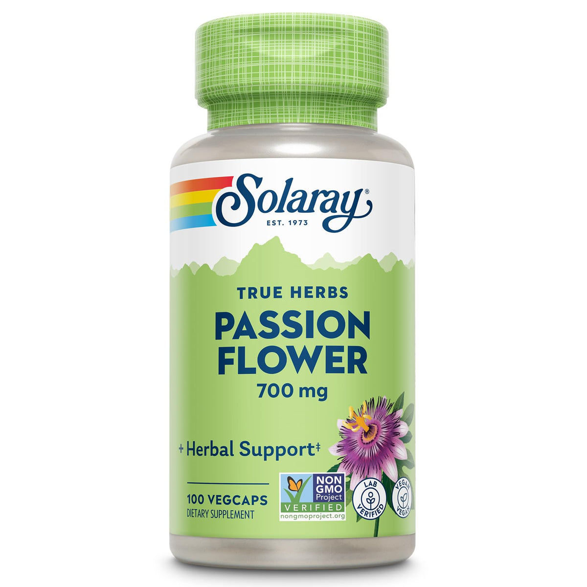 SOLARAY Passion Flower 700mg bottle with capsules indicating soothing herbal support