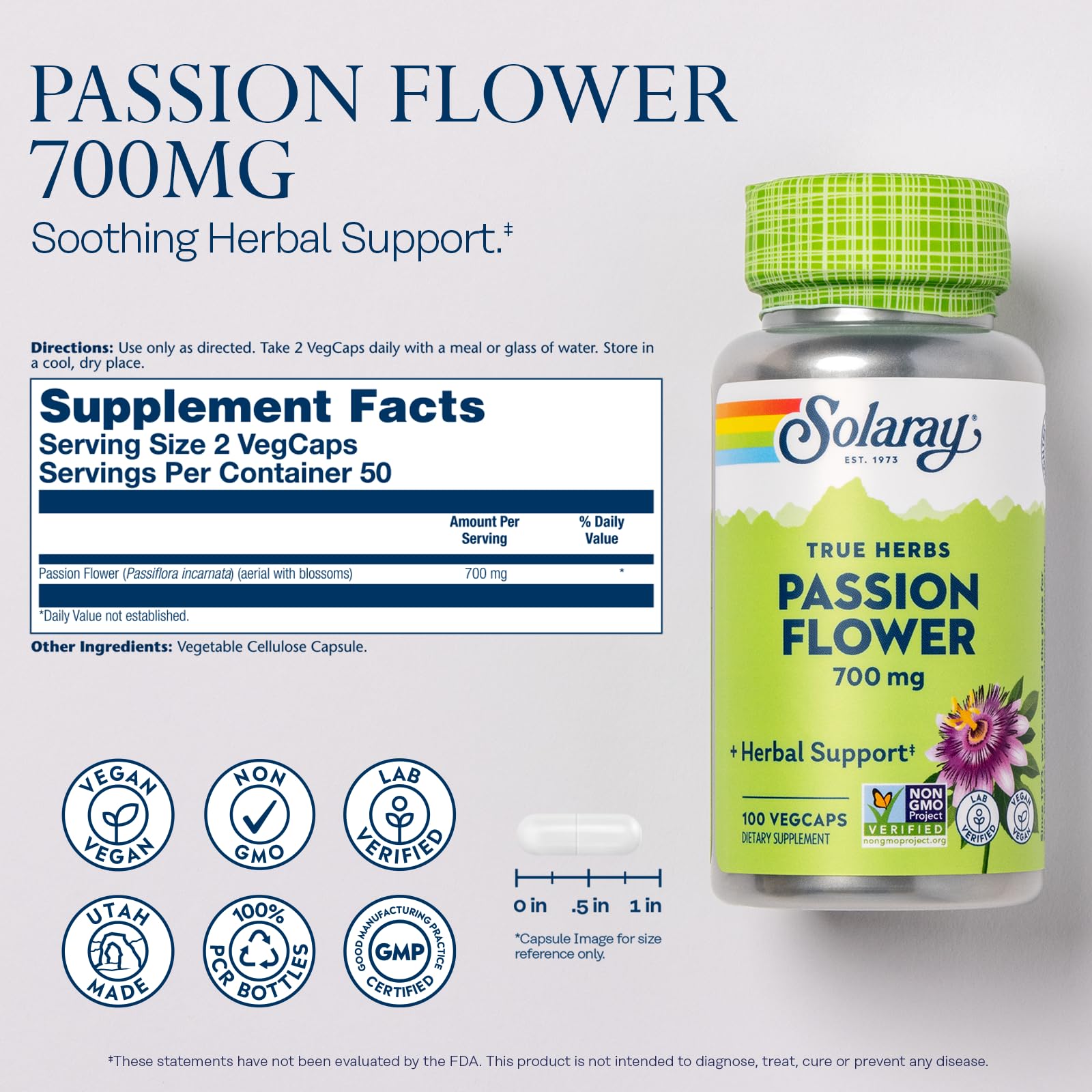 SOLARAY Passion Flower capsules close-up highlighting whole aerial extract
