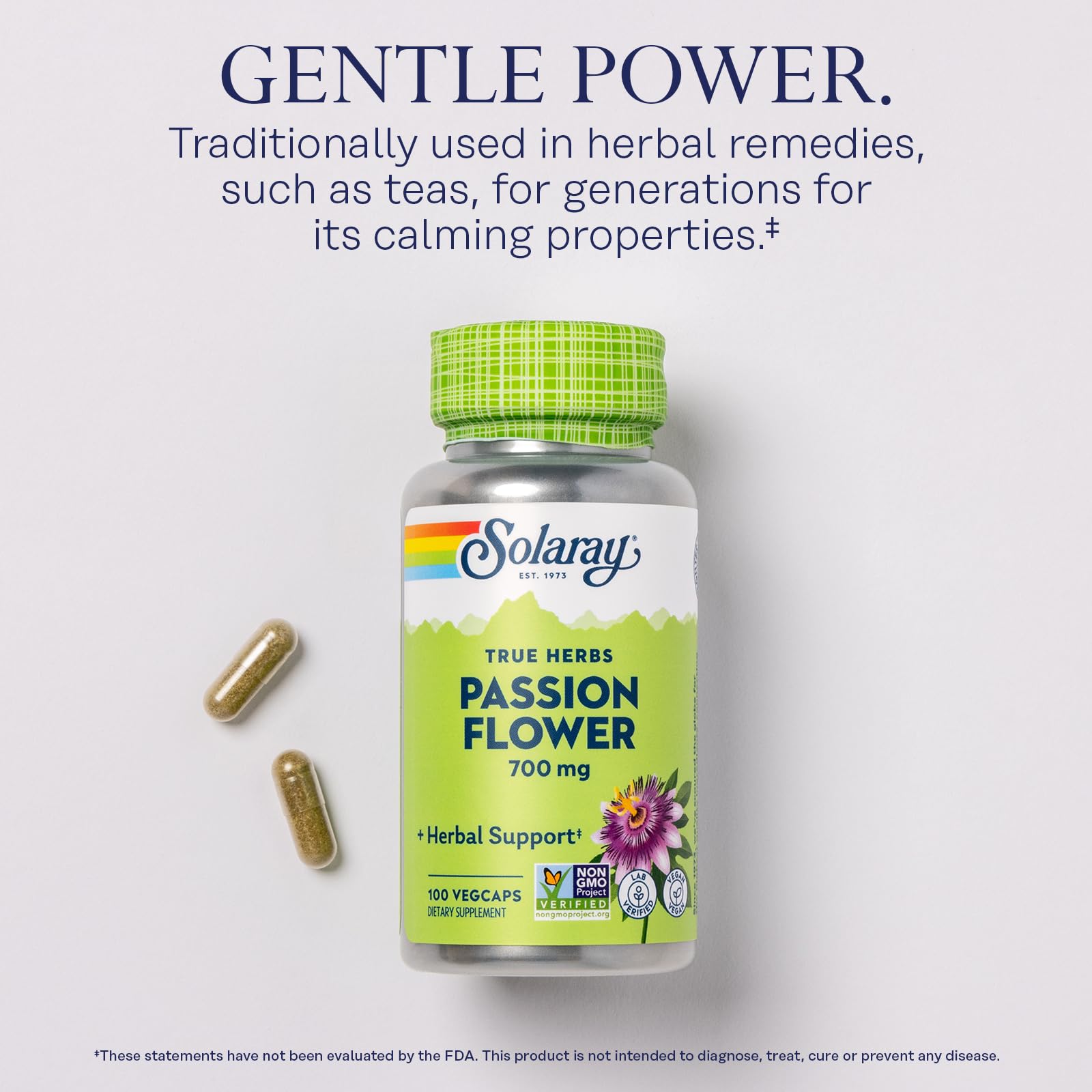 SOLARAY Passion Flower label shows vegan and Non-GMO certification