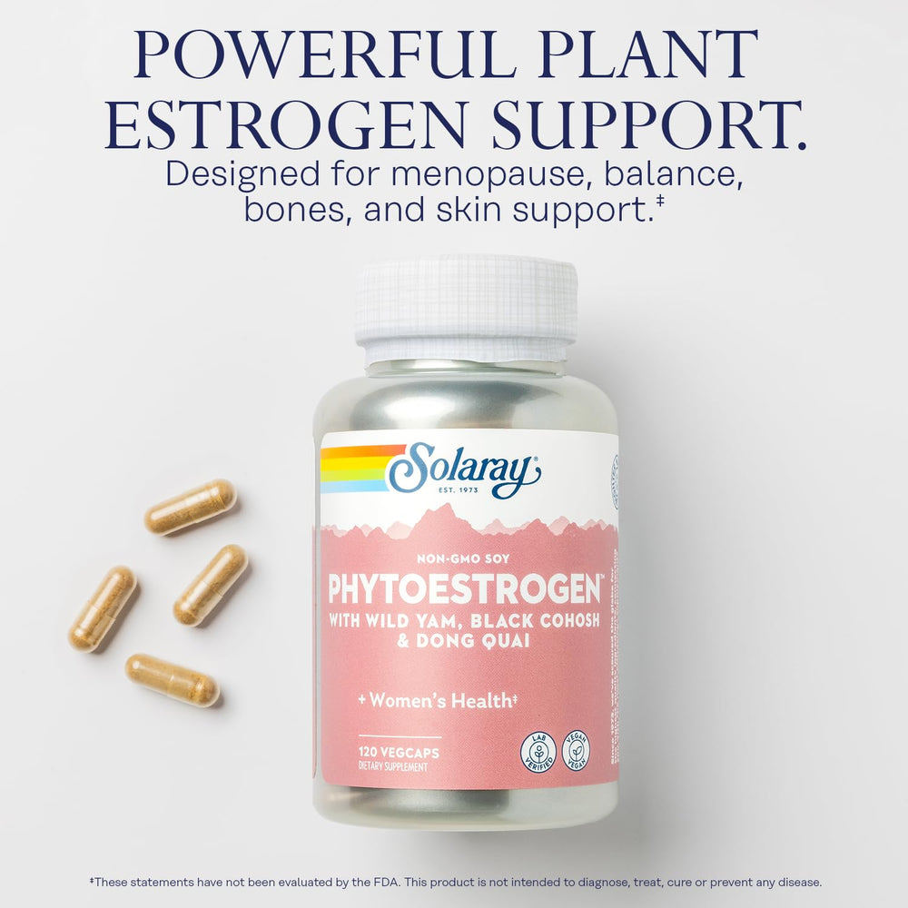 SOLARAY PhytoEstrogen bottle cap, eco-friendly packaging highlights sustainability.