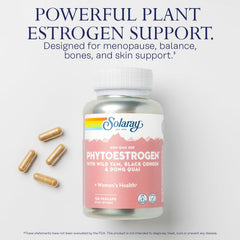 SOLARAY PhytoEstrogen bottle cap, eco-friendly packaging highlights sustainability.