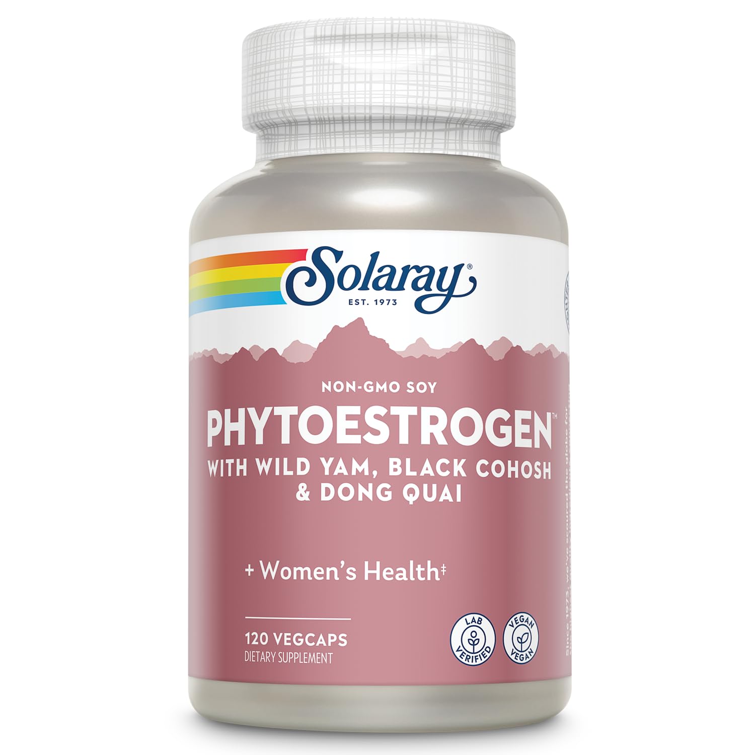 SOLARAY PhytoEstrogen bottle front, vegan formula for menopause support and balanced wellness.