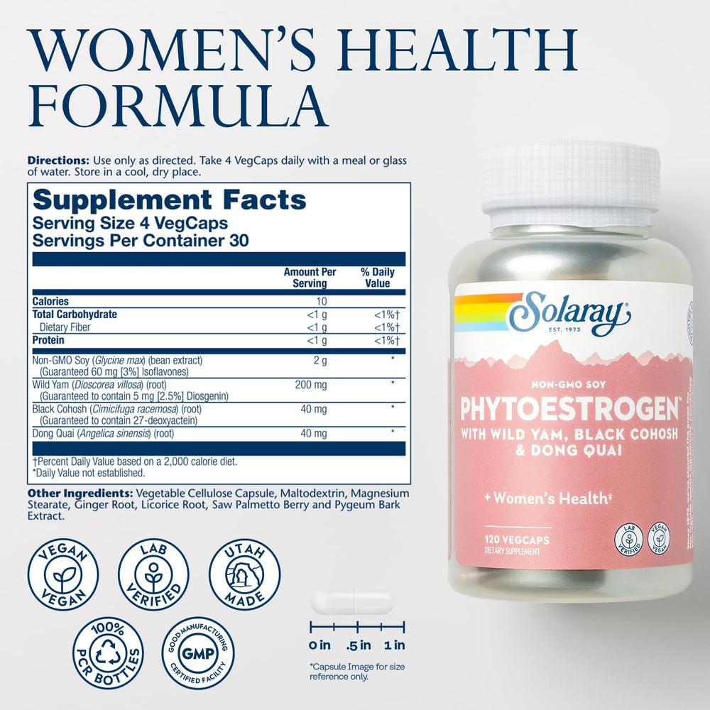 SOLARAY PhytoEstrogen capsules closeup, plant-based ingredients like Black Cohosh and Wild Yam.