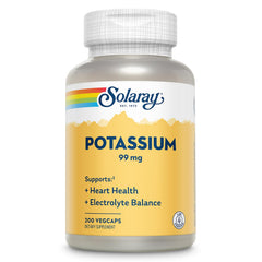 SOLARAY Potassium 99 mg bottle displayed on a shelf for daily electrolyte support.