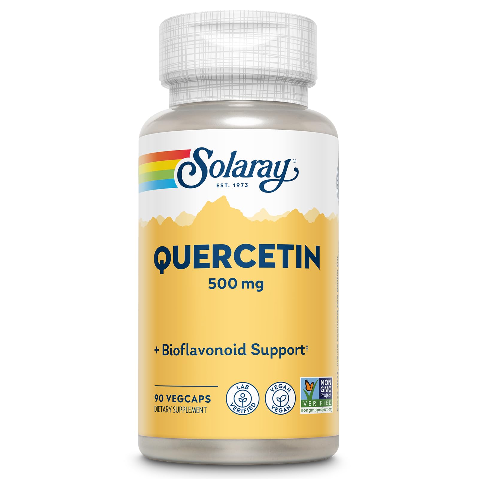 SOLARAY Quercetin 500mg bottle front highlighting vegan antioxidant support.
