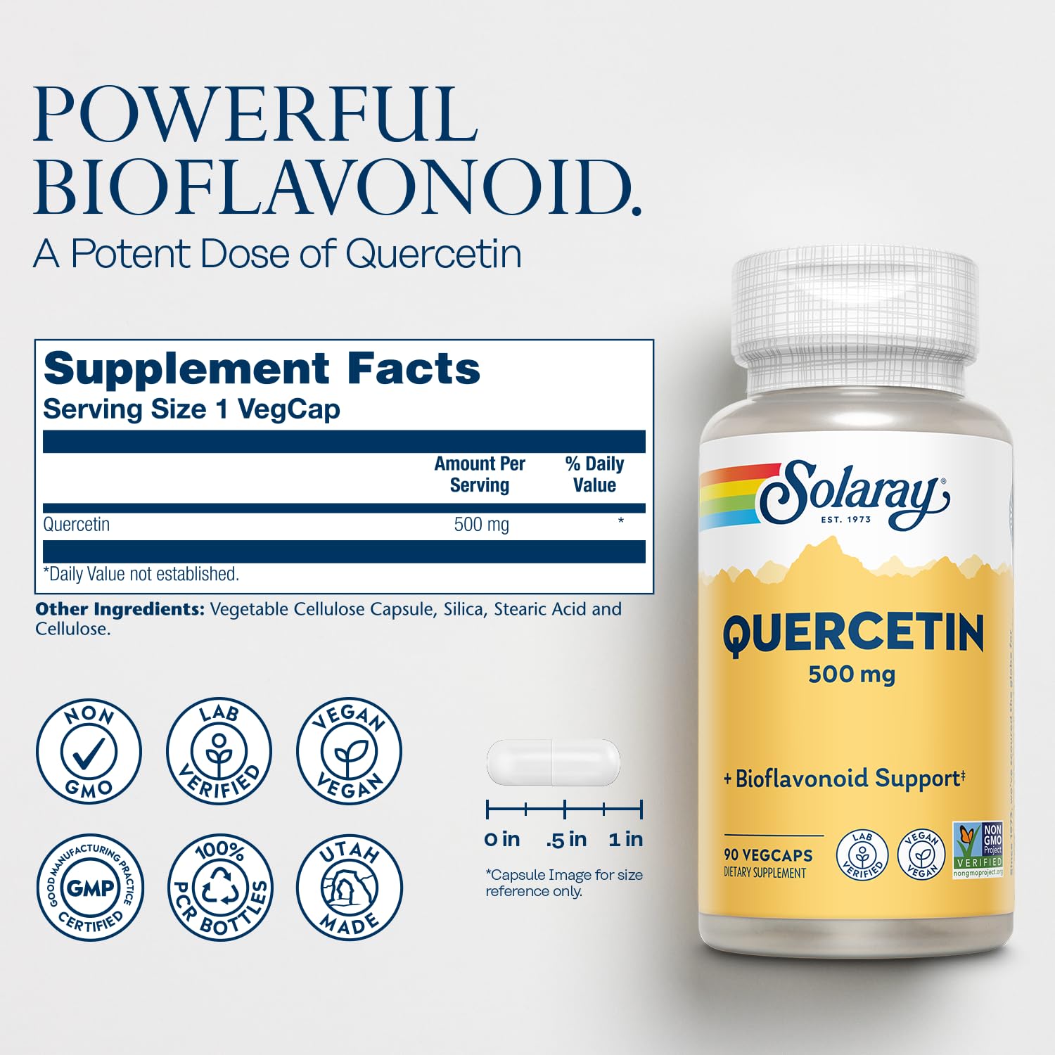 SOLARAY Quercetin bottle label showcases Non-GMO and lab-verified quality.