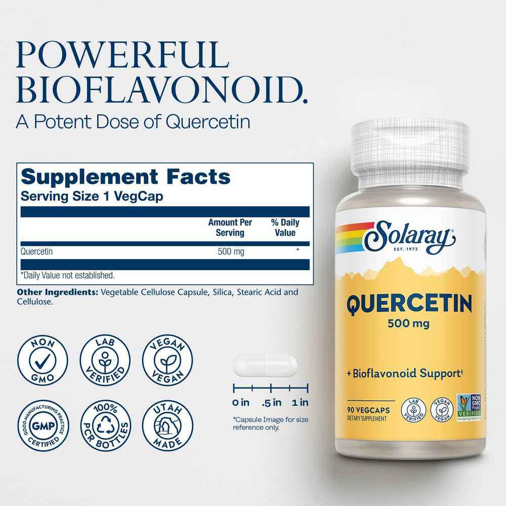 SOLARAY Quercetin bottle label showcases Non-GMO and lab-verified quality.