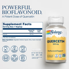 SOLARAY Quercetin bottle label showcases Non-GMO and lab-verified quality.