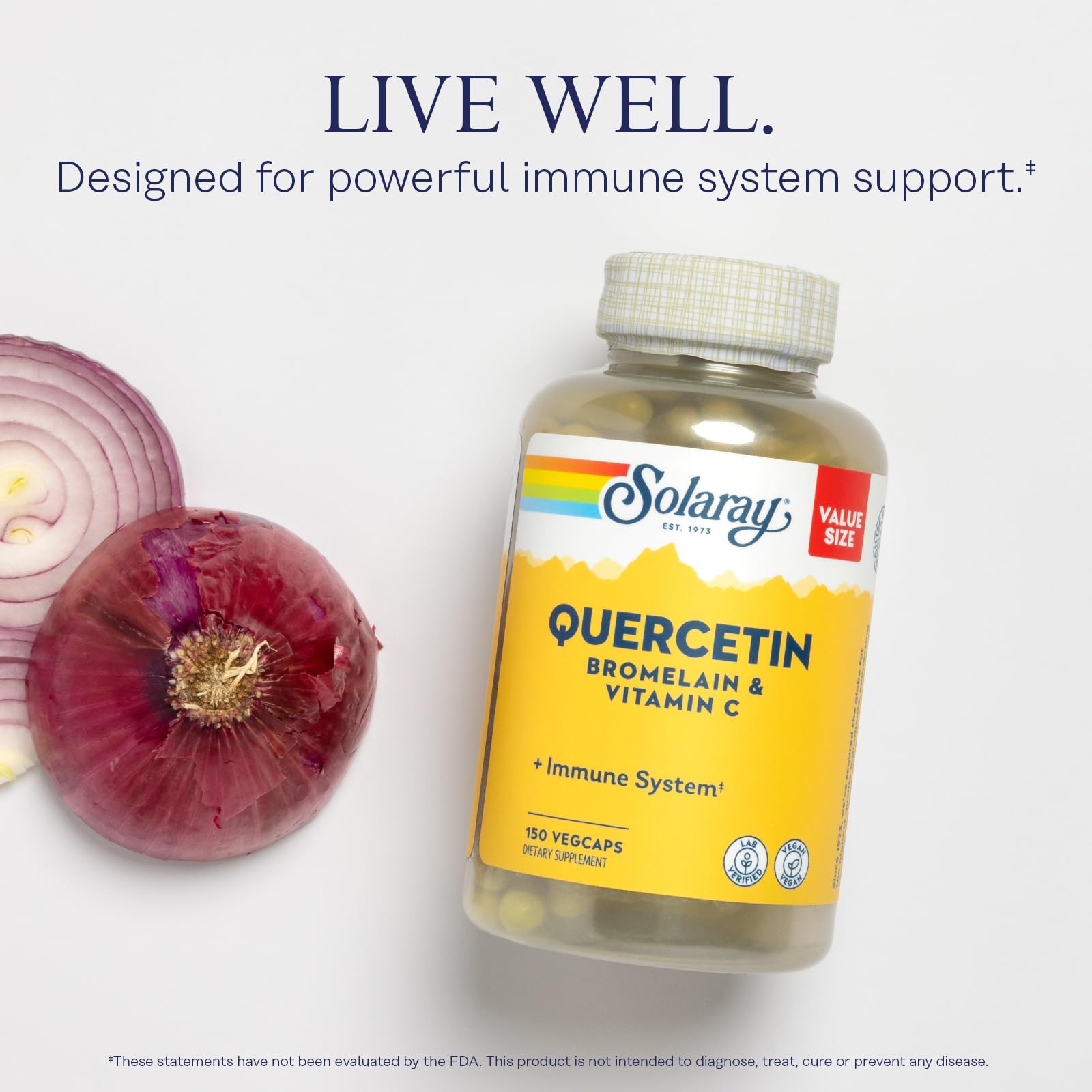 SOLARAY Quercetin Bromelain Vitamin C capsules close-up, highlighting vegan capsules