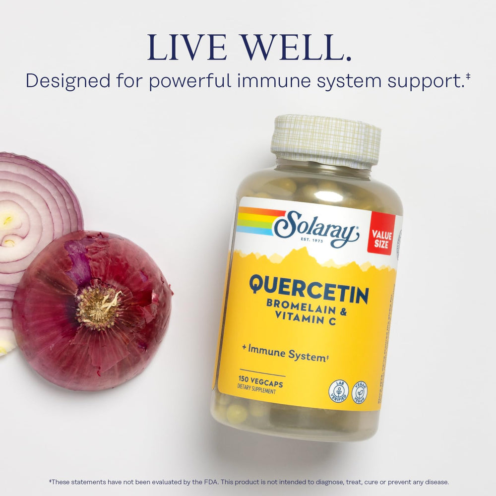 SOLARAY Quercetin Bromelain Vitamin C capsules close-up, highlighting vegan capsules