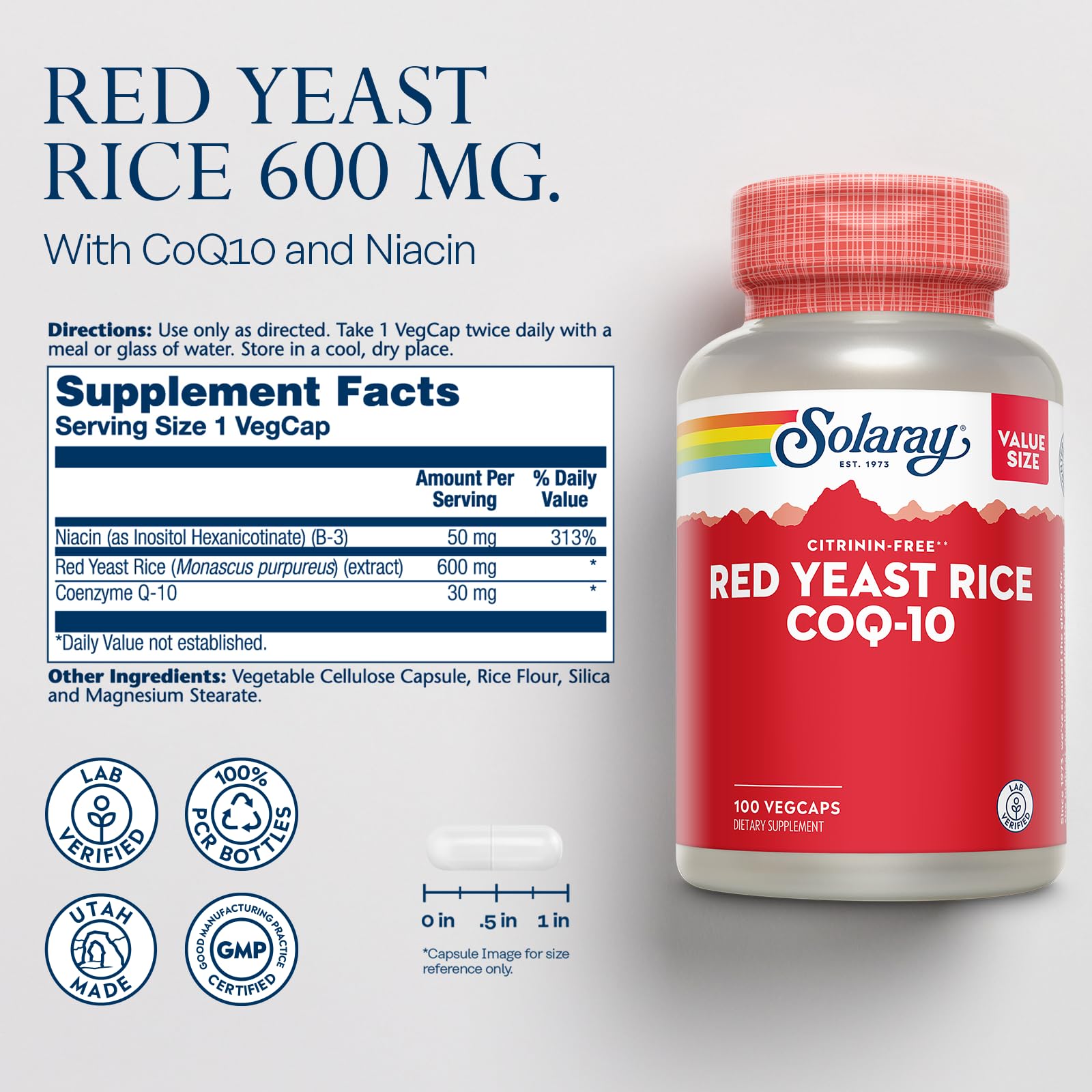SOLARAY Red Yeast Rice CoQ10 capsules for everyday heart nutrition