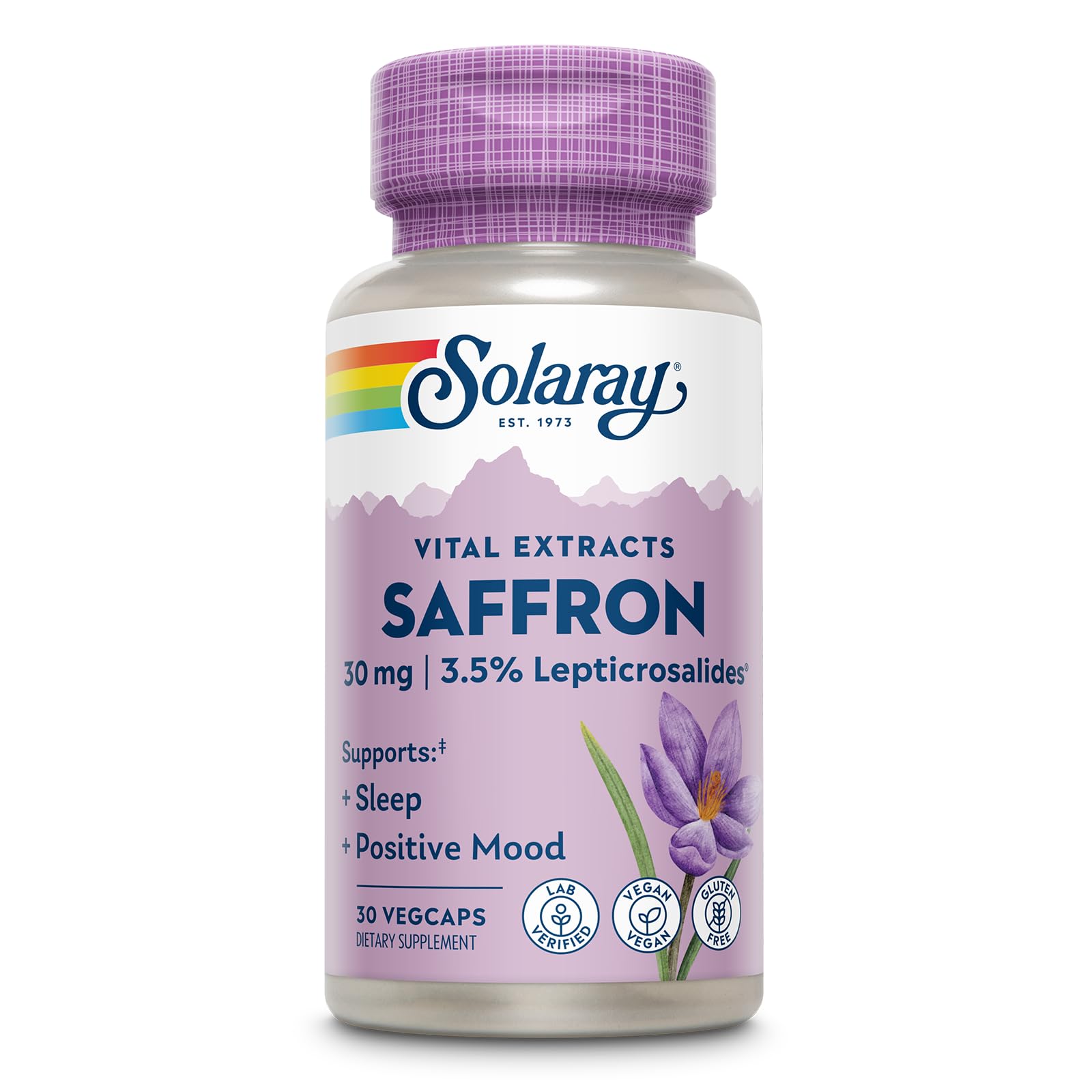 SOLARAY Saffron Extract bottle front view highlighting mood and sleep support.