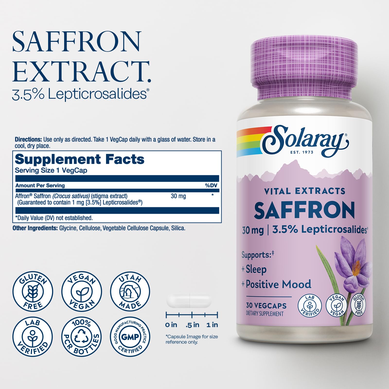 Close-up of SOLARAY saffron capsules showing daily use potential.