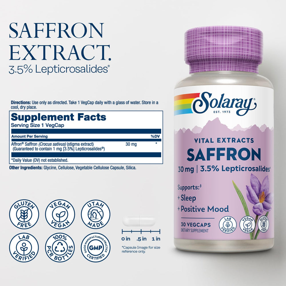 Close-up of SOLARAY saffron capsules showing daily use potential.