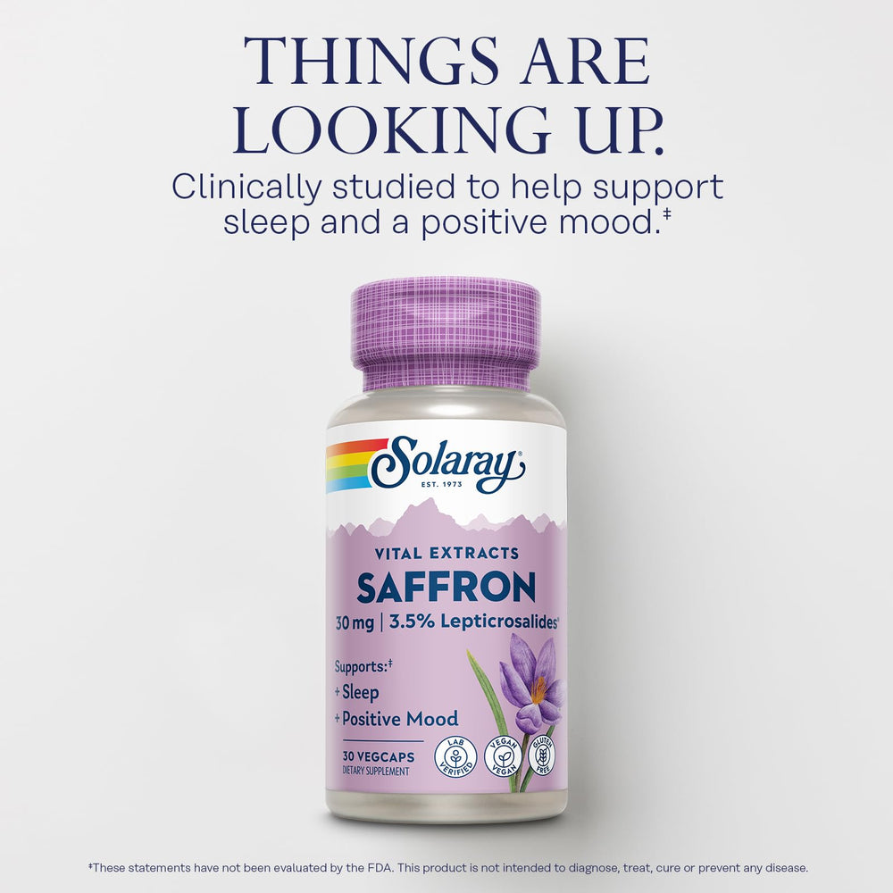 Label close-up emphasizing Affron saffron extract and potency details.