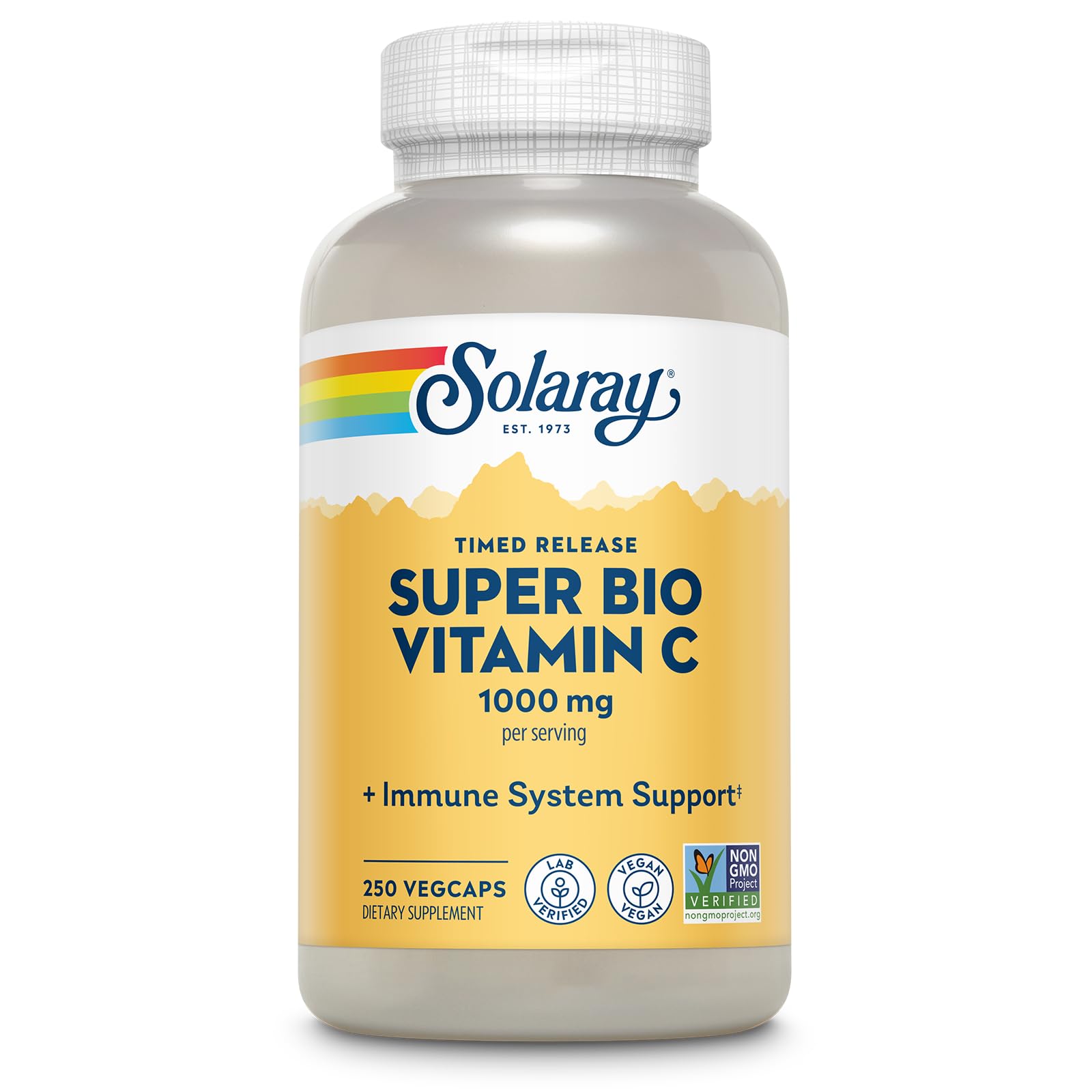 SOLARAY Super Bio Vitamin C 1000mg bottle front with vegan buffered formula.