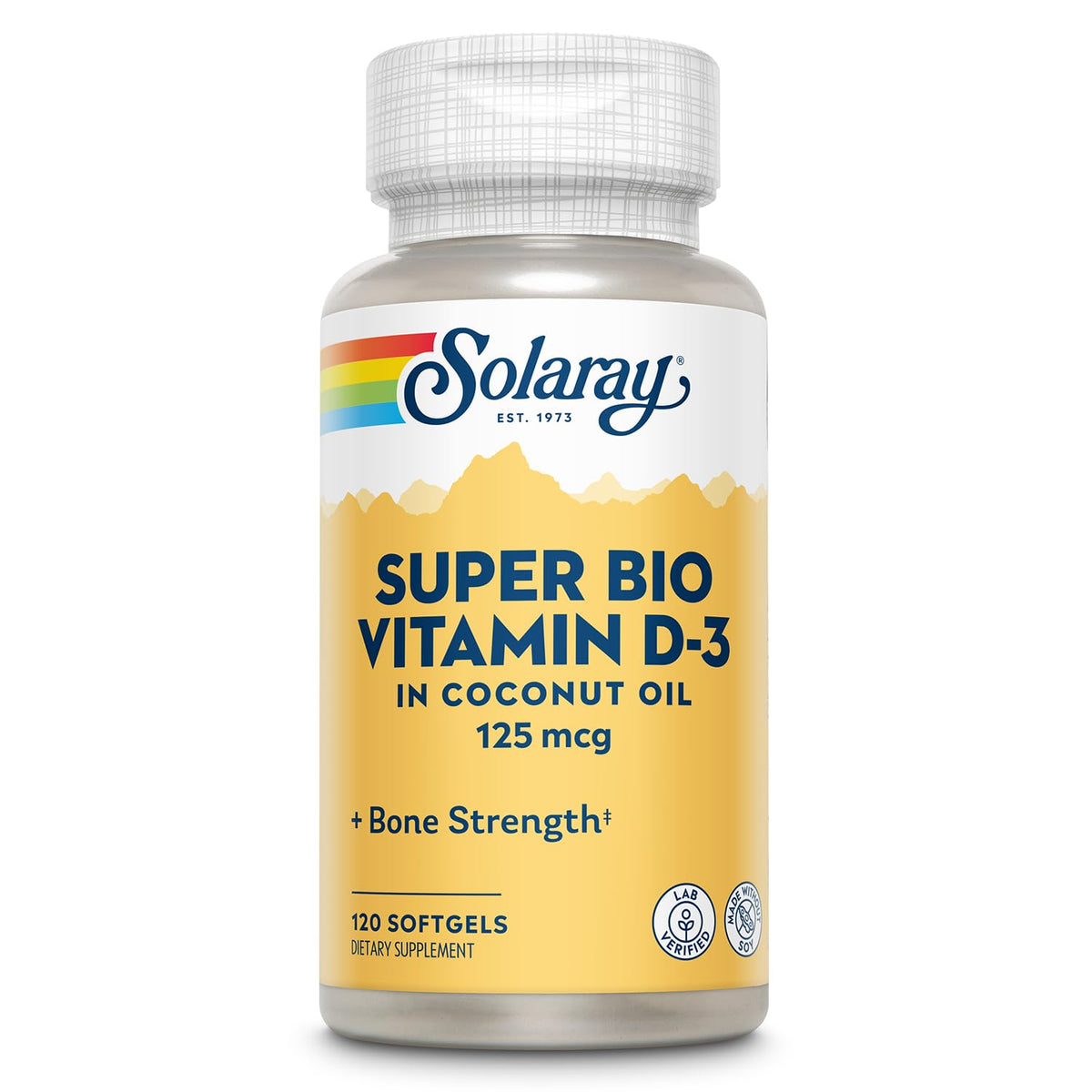 SOLARAY Super Bio Vitamin D3 bottle with coconut oil enhances absorption