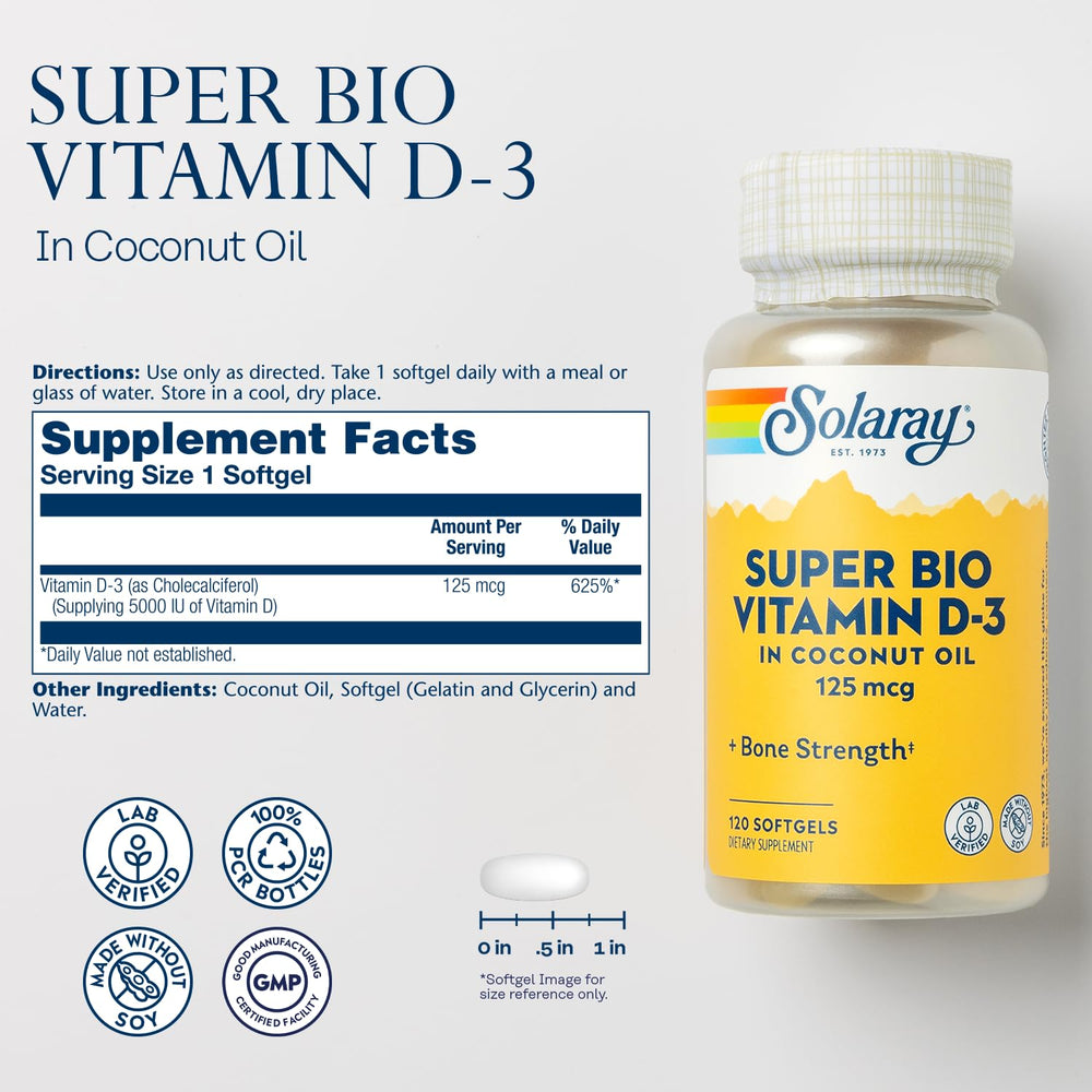 SOLARAY D3 5000 IU softgels for daily bone and immune support