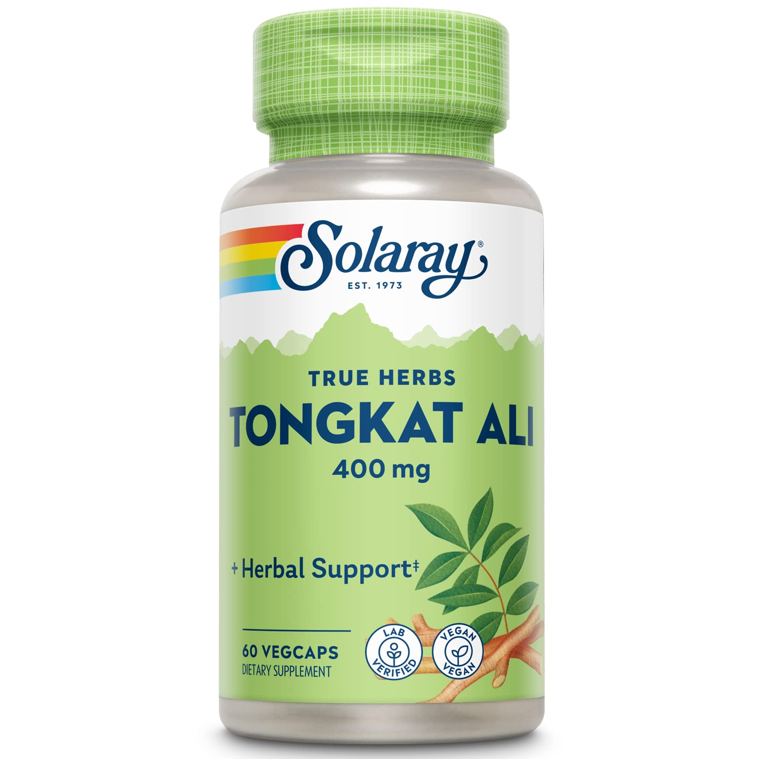 SOLARAY Tongkat Ali bottle with 60 vegan capsules for daily vitality.