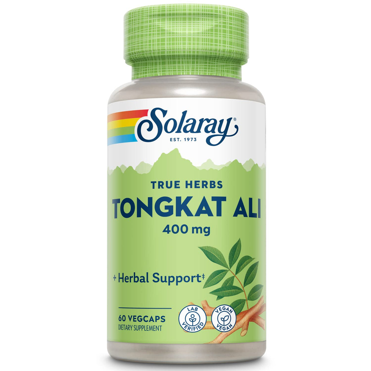 SOLARAY Tongkat Ali bottle with 60 vegan capsules for daily vitality.