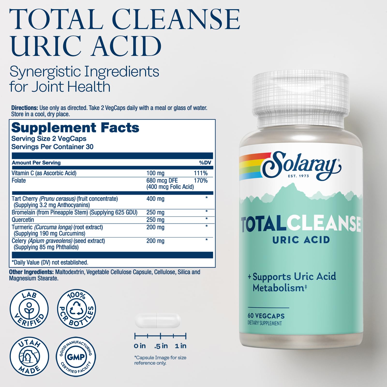 SOLARAY Total Cleanse capsules show tart cherry extract for natural antioxidant support.