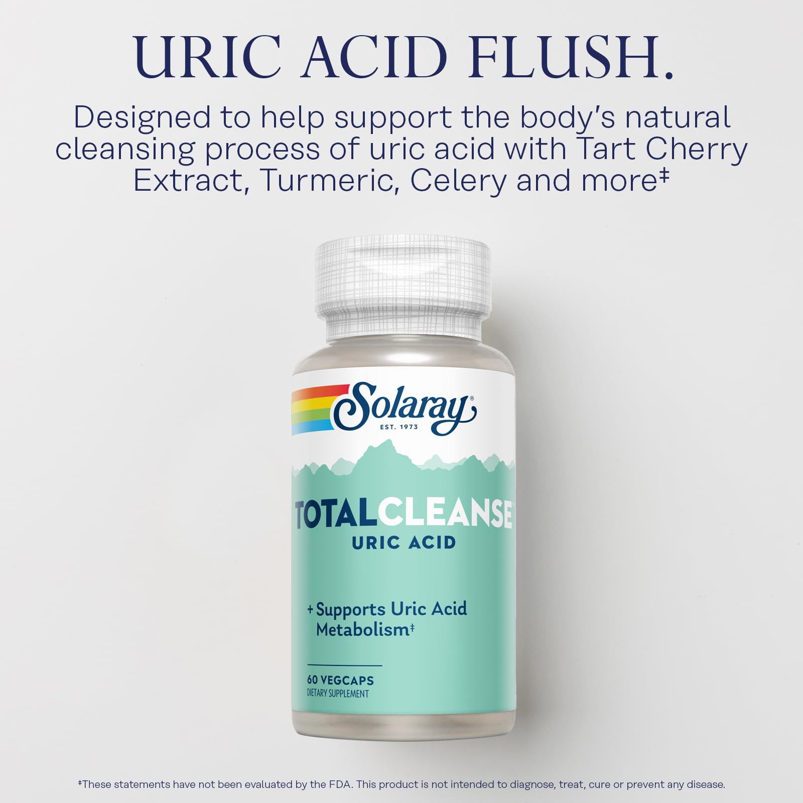 SOLARAY Total Cleanse tart cherry extract image emphasizes anthocyanins for antioxidant potential.