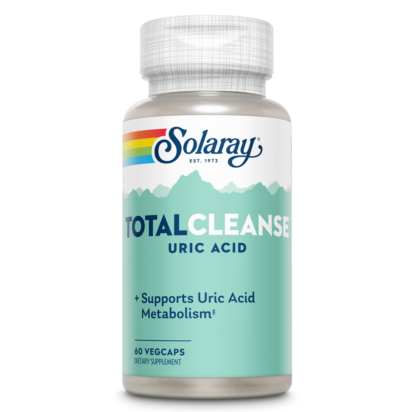 SOLARAY Total Cleanse uric acid bottle-front demonstrates plant-based joint support for an active lifestyle.