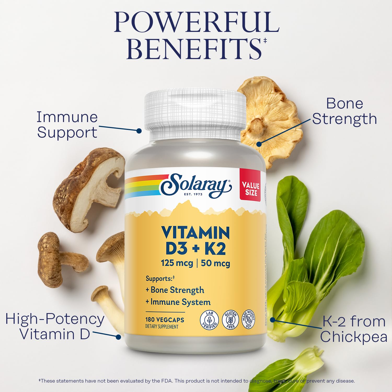SOLARAY vegan capsules in glass jar illustrate soy-free daily wellness.