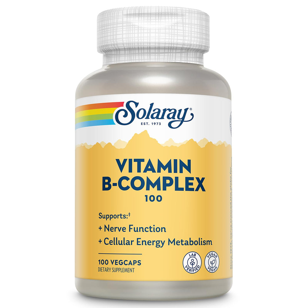 SOLARAY Vitamin B Complex 100mg bottle front showing branding for daily energy support.