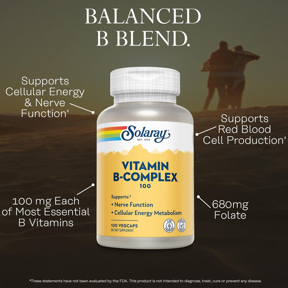 SOLARAY Vitamin B Complex 100mg label closeup highlighting vegan formula.