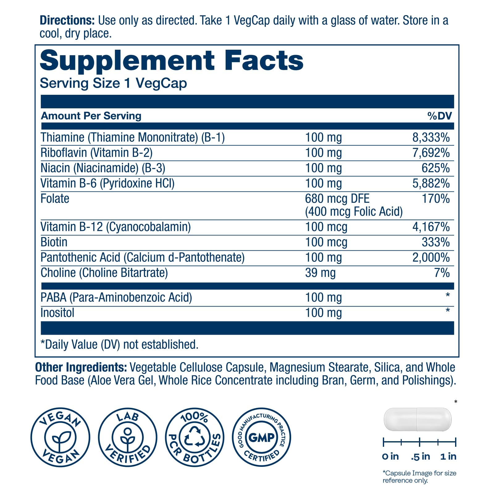 SOLARAY Vitamin B Complex 100mg serving vegcaps for easy daily use.