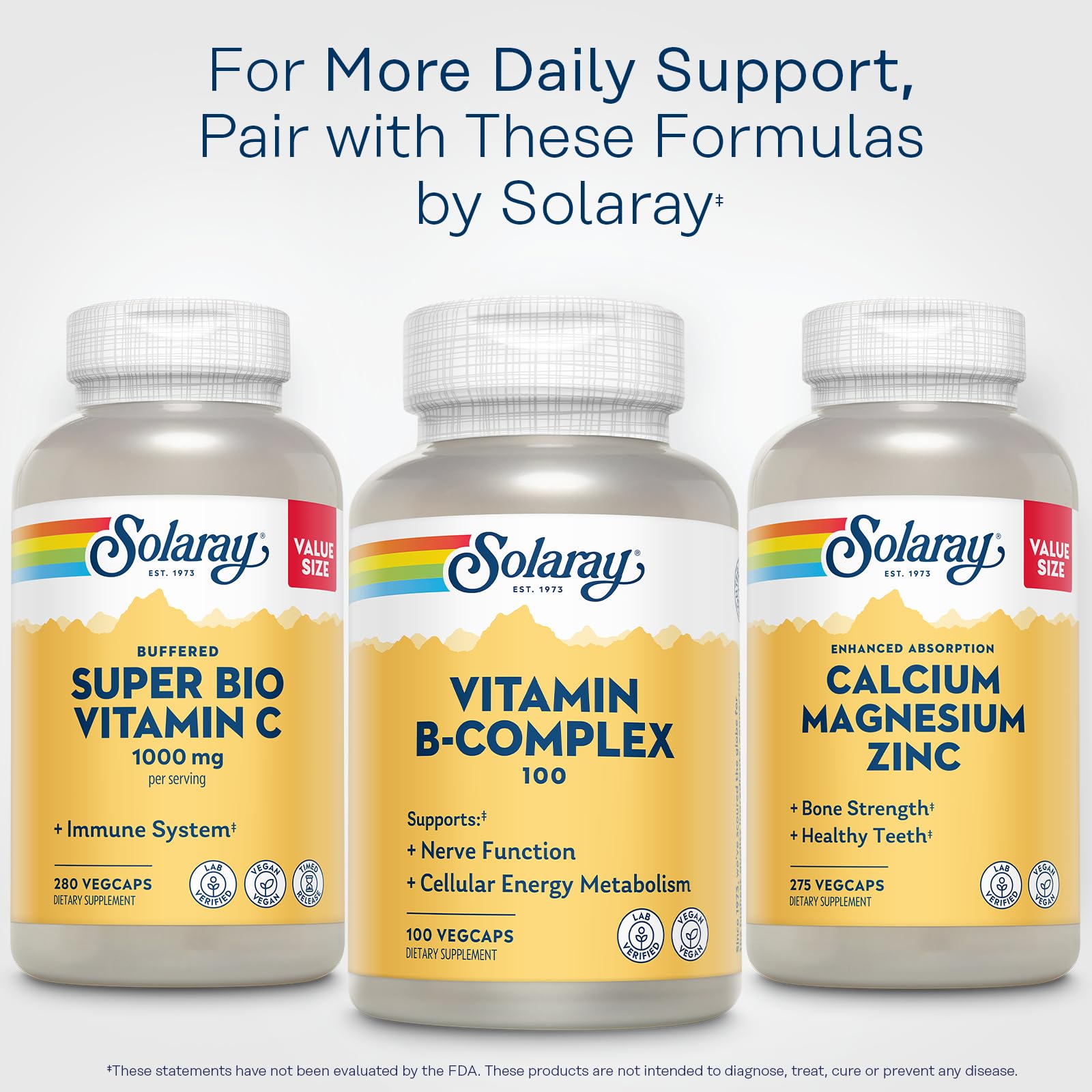 SOLARAY Vitamin B Complex 100mg vegcaps closeup showing capsules and nutrient blend for energy.