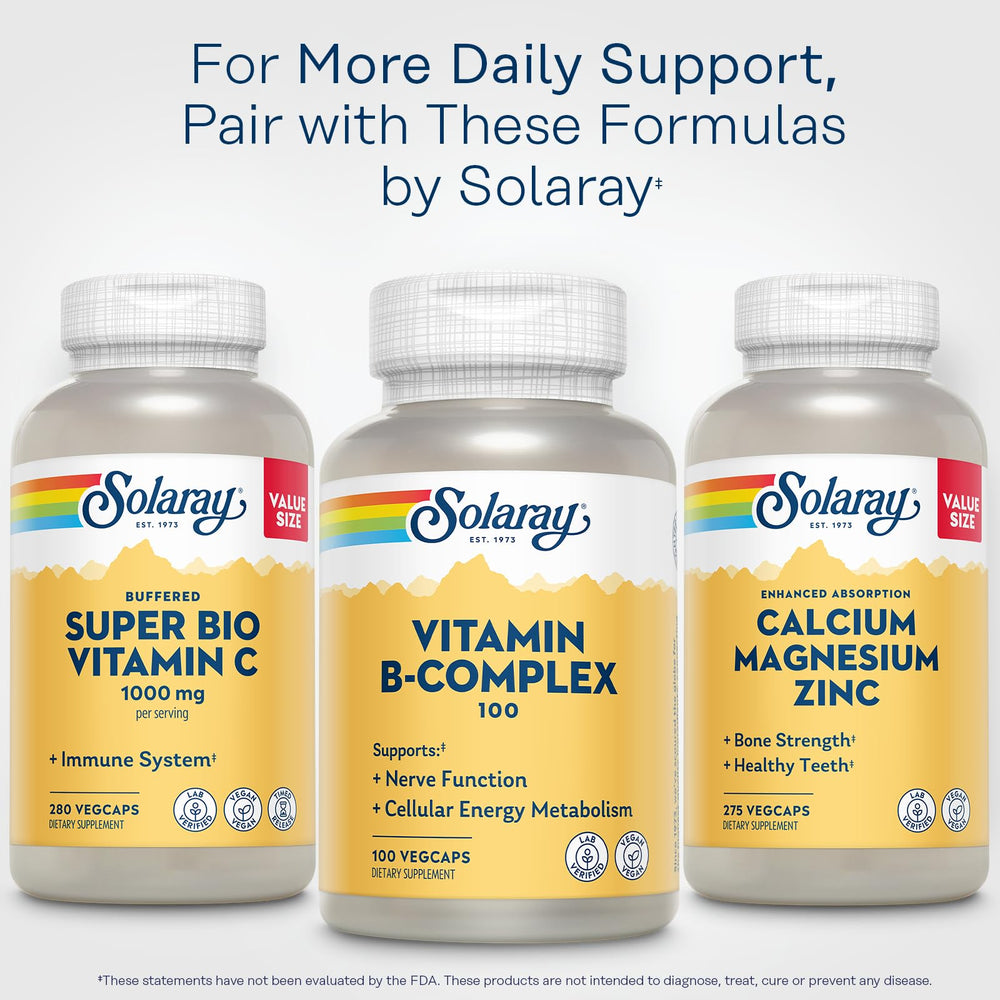 SOLARAY Vitamin B Complex 100mg vegcaps closeup showing capsules and nutrient blend for energy.