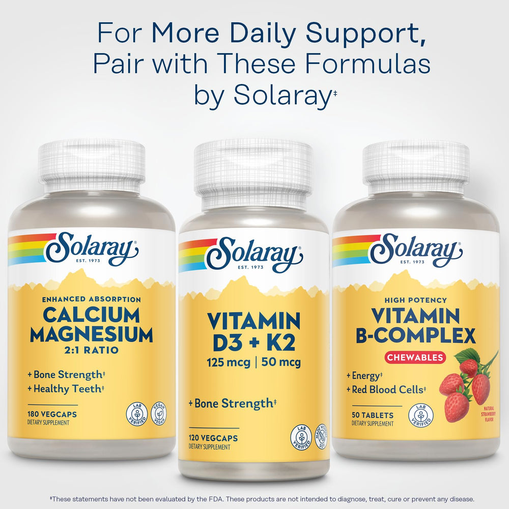 SOLARAY Vitamin B-Complex chewables strawberry bottle features daily support information.