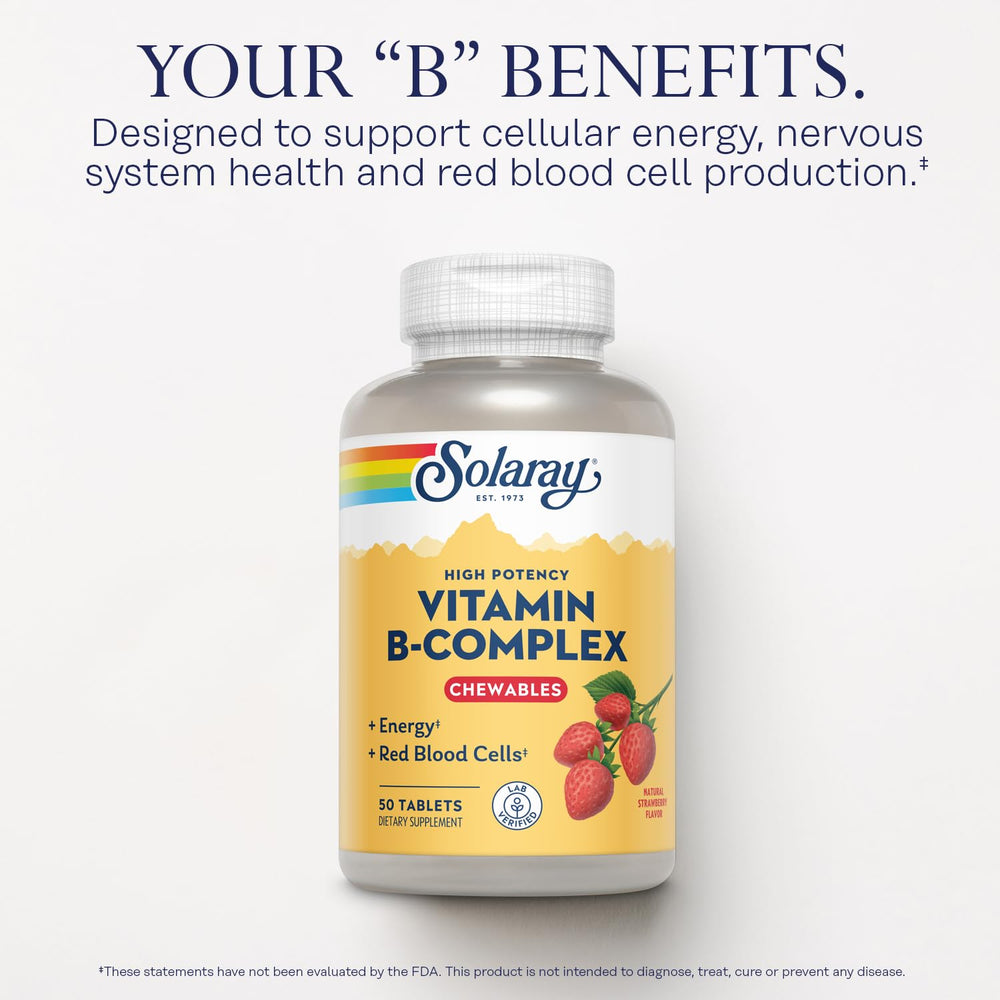 SOLARAY Vitamin B-Complex chewables strawberry bottle label shows vegan and lab-verified quality.