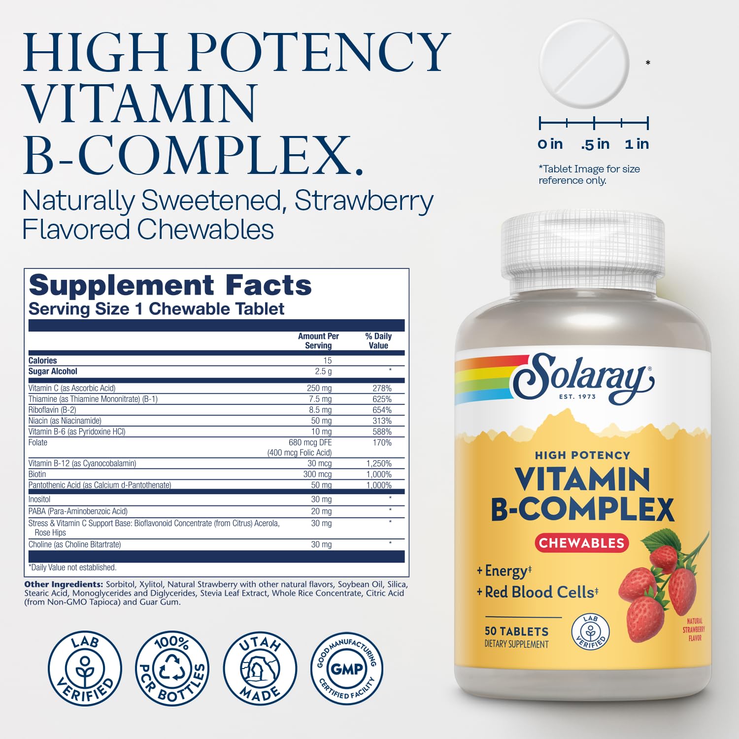 SOLARAY Vitamin B-Complex chewables strawberry tablets on tray highlight strawberry flavor.