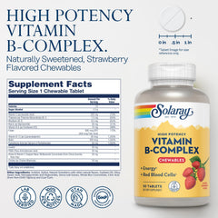 SOLARAY Vitamin B-Complex chewables strawberry tablets on tray highlight strawberry flavor.