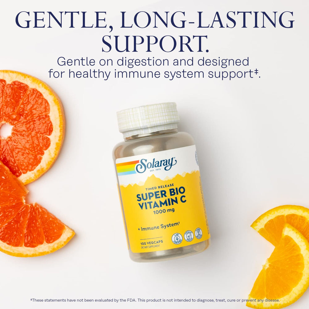 SOLARAY vitamin C with bioflavonoids, rose hips and acerola for natural antioxidant support.