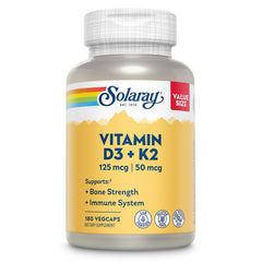 SOLARAY Vitamin D3 K2 bottle front view supports bone health and immune support.