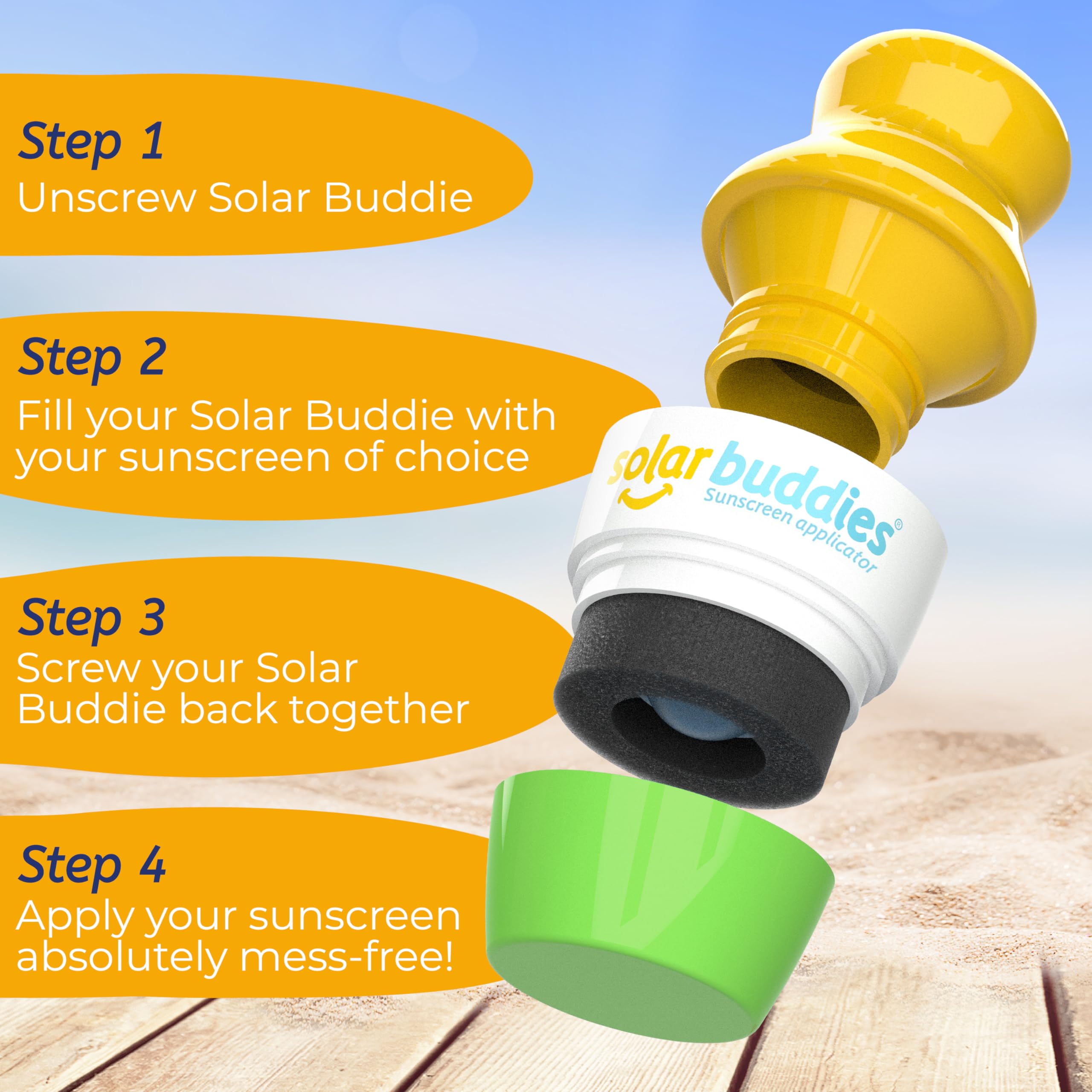 Refillable design of Solar Buddies for customizable sunscreen options.