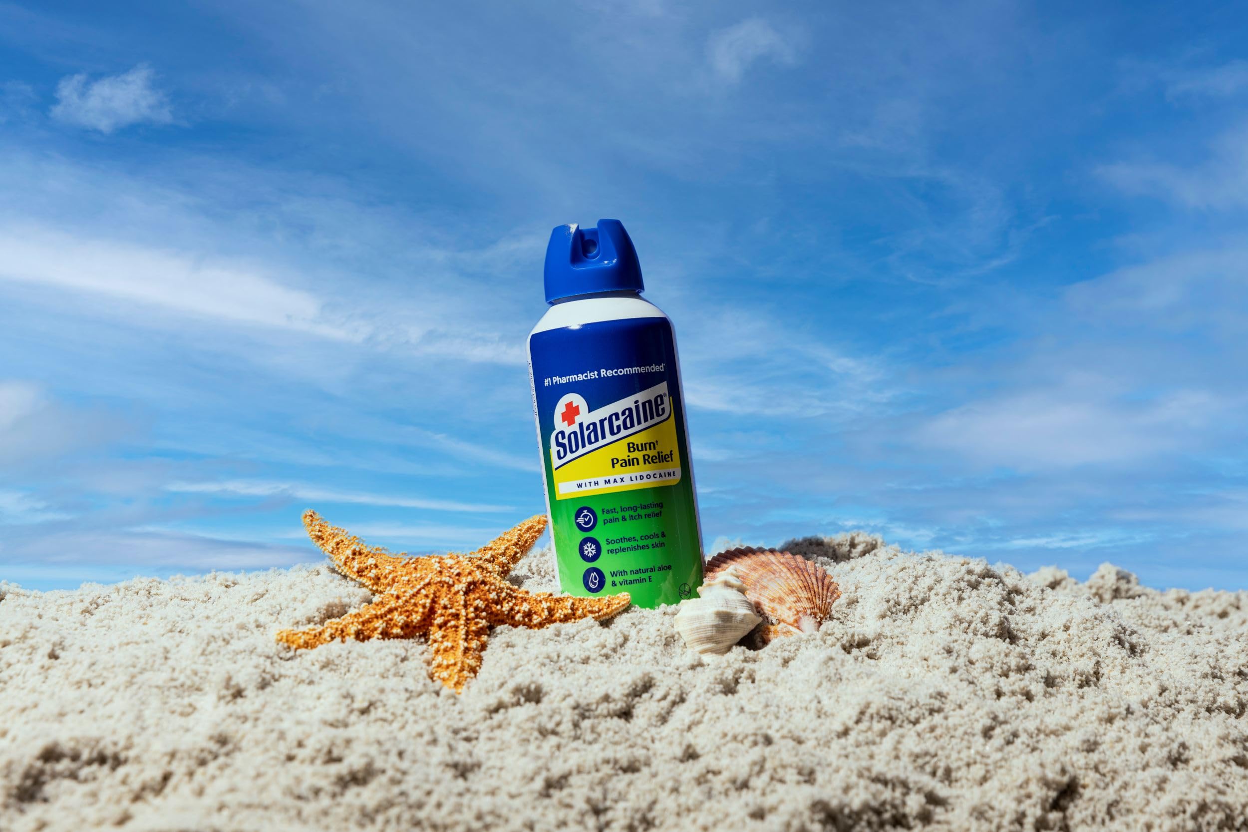 Solarcaine applying spray on arm demonstrates easy, mess-free use